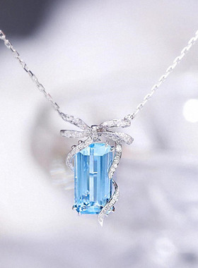 海蓝宝蝴蝶结项链女纯银白金蓝色钻丝带锁骨链高级设计气质名媛潮