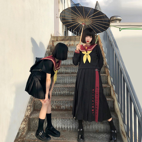 皮扣拼接日系不良长袖水手服