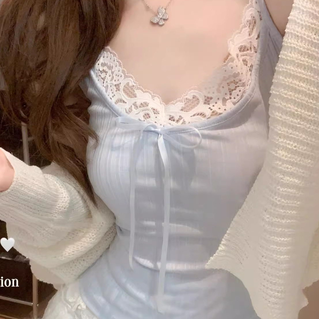 200斤大码纯欲蝴蝶结蕾丝边性感吊带背心女夏季胖mm宽松打底上衣