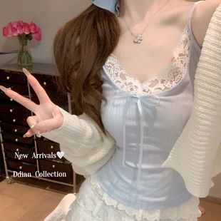 200斤大码 胖mm宽松打底上衣 纯欲蝴蝶结蕾丝边性感吊带背心女夏季