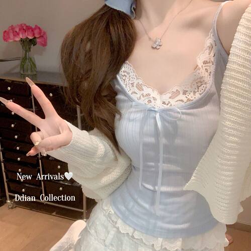 200斤大码纯欲蝴蝶结蕾丝边性感吊带背心女夏季胖mm宽松打底上衣