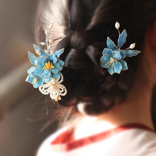 蓝色头饰布绒花朵发夹簪子中式秀禾发饰旗袍发钗夹子发簪侧边明制