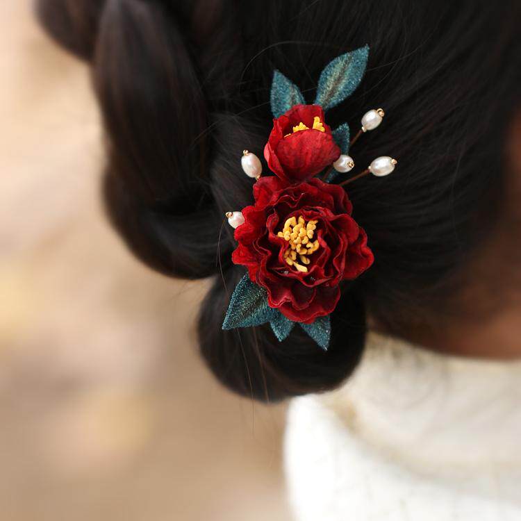 复古红色山茶花发夹马面裙头饰