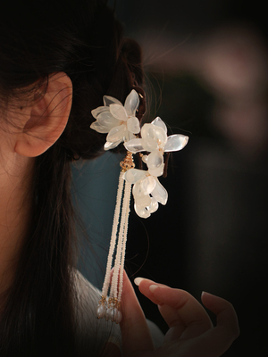 u型发簪清新大方玉兰花流苏步摇