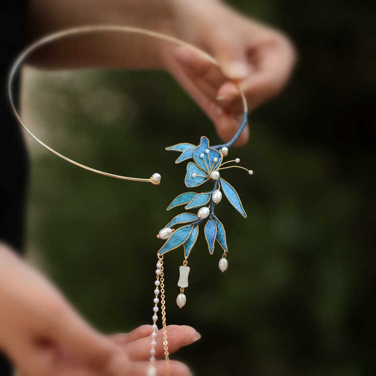 蓝色竹叶项圈女新中式