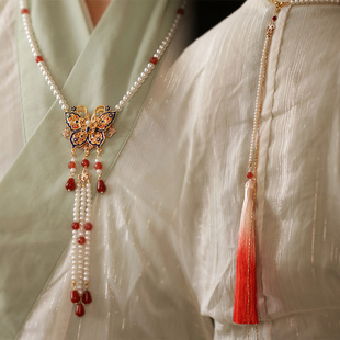 新中式马面裙配饰 背云长璎珞汉服古风烧蓝 红色流苏过年喜庆项链