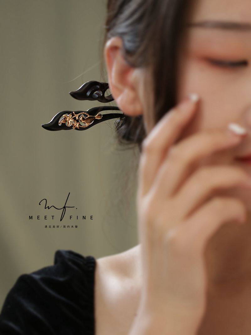 简约黑檀木发簪两根日常通勤木簪素钗复古旗袍新中式金色头饰国风