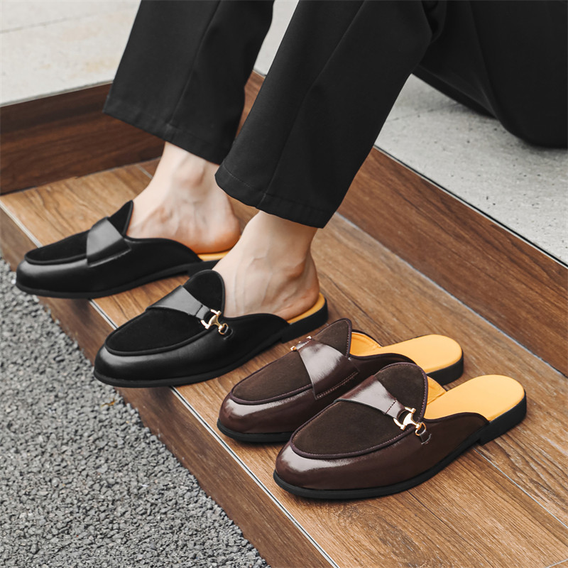 2024新款夏季包头半拖鞋男外穿豆豆皮鞋懒人一脚蹬平底穆勒凉拖鞋,流行男鞋,包头拖,淘宝优惠券,粉丝福利购,淘宝优惠卷