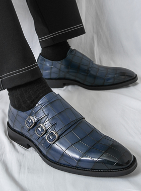 男士孟克鞋2026新款春季鳄鱼纹英伦透气新郎男鞋商务正装尖头皮鞋