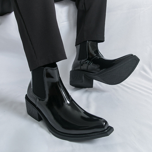 英伦小方头切尔西靴男秋冬季黑色中帮短靴尖头高帮皮鞋翘头男靴子