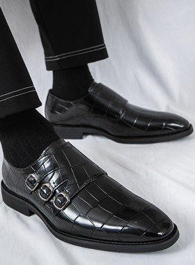 英伦男士尖头皮鞋商务韩版正装休闲百搭西装绅士僧侣鞋搭扣孟克鞋