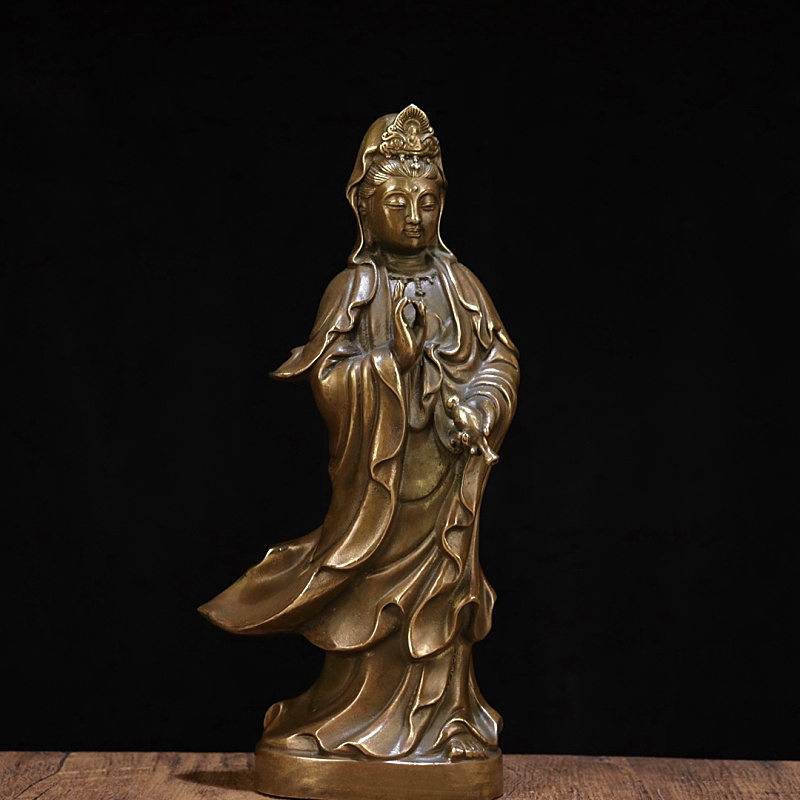 纯铜坐莲观音神像 柳枝净瓶观世音菩萨 风水家居客厅供奉神像摆件