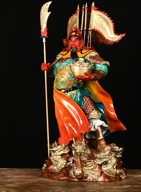 纯铜关公摆件纯铜彩绘横刀关二爷关羽武财神神像家居客厅招财摆件