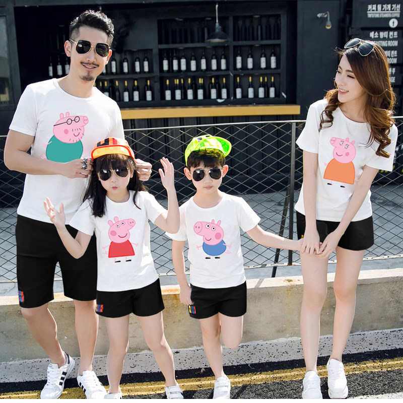 2023亲子装夏装小猪佩奇一家三口四口全家装短袖t恤幼儿园班服潮
