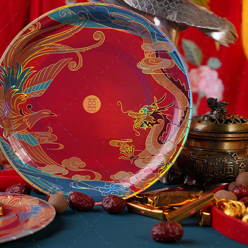 结婚一次性红纸碟纸盘复古烫金扇形环保婚庆红色蛋糕盘子用品大全,餐饮具,可降解餐具/环保餐具,淘宝优惠券,粉丝福利购,淘宝优惠卷