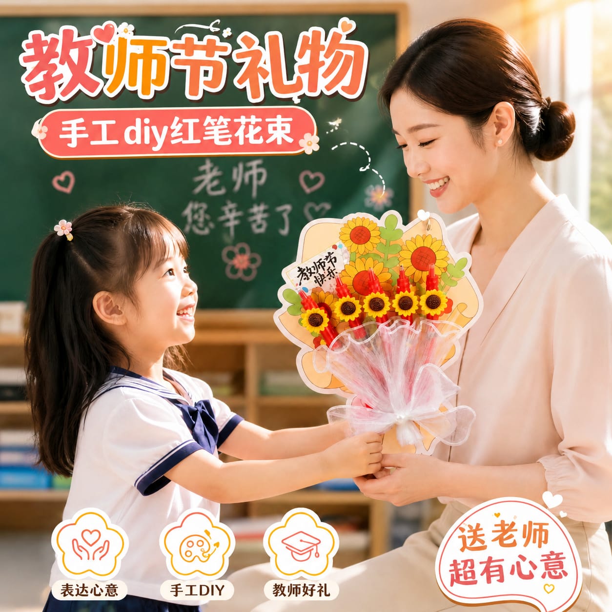 教师节diy礼物红笔花束