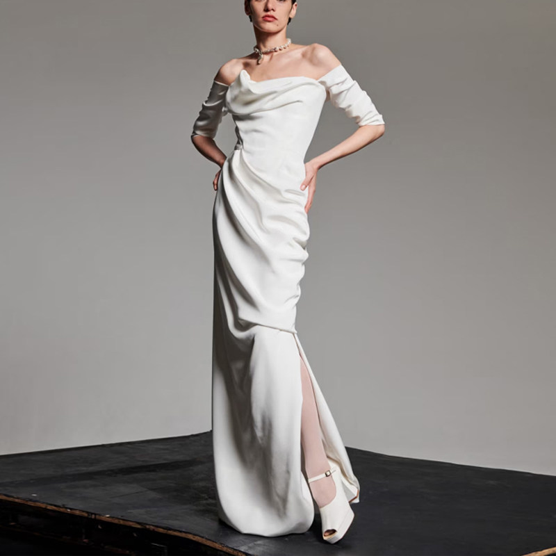 一字肩晚礼服新娘敬酒服2026新款高级质感名媛派对年会晚宴白长裙