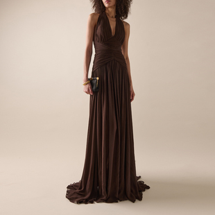 咖啡色晚礼服走秀红毯模特车展晚会主持演出表演服装2025新款年会