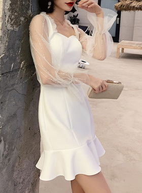 白色方形领晚礼服短裙时尚女生日派对学生晚宴年会小礼服连衣裙春