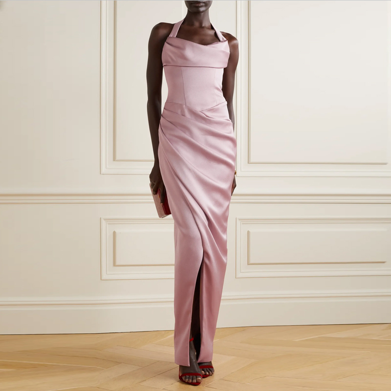 性感挂脖修身长款露背晚礼服