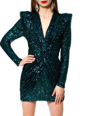 绿色亮片小礼服2025新款气场女王派对生日宴会主持人年会晚礼服短