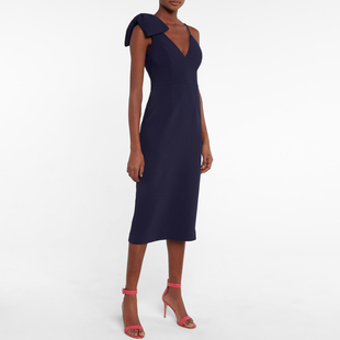 藏青色小礼服吊带中长裙时尚质感修身显瘦年会晚宴派对生日连衣裙