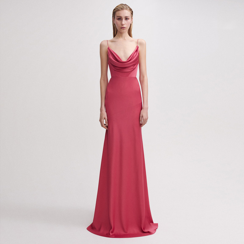 醋酸缎晚礼服高级质感吊带鱼尾长款2025新款妈妈装时尚年会连衣裙