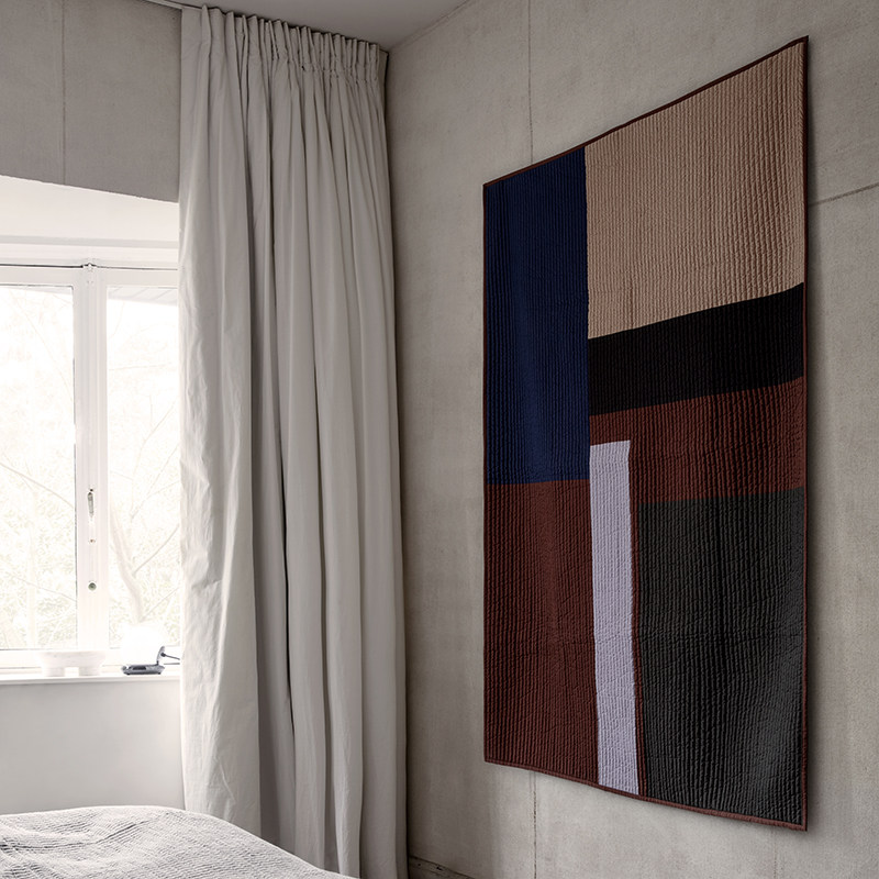Ferm LIVING Shay系列拼布有机棉撞色盖毯毛毯挂毯墙面装饰