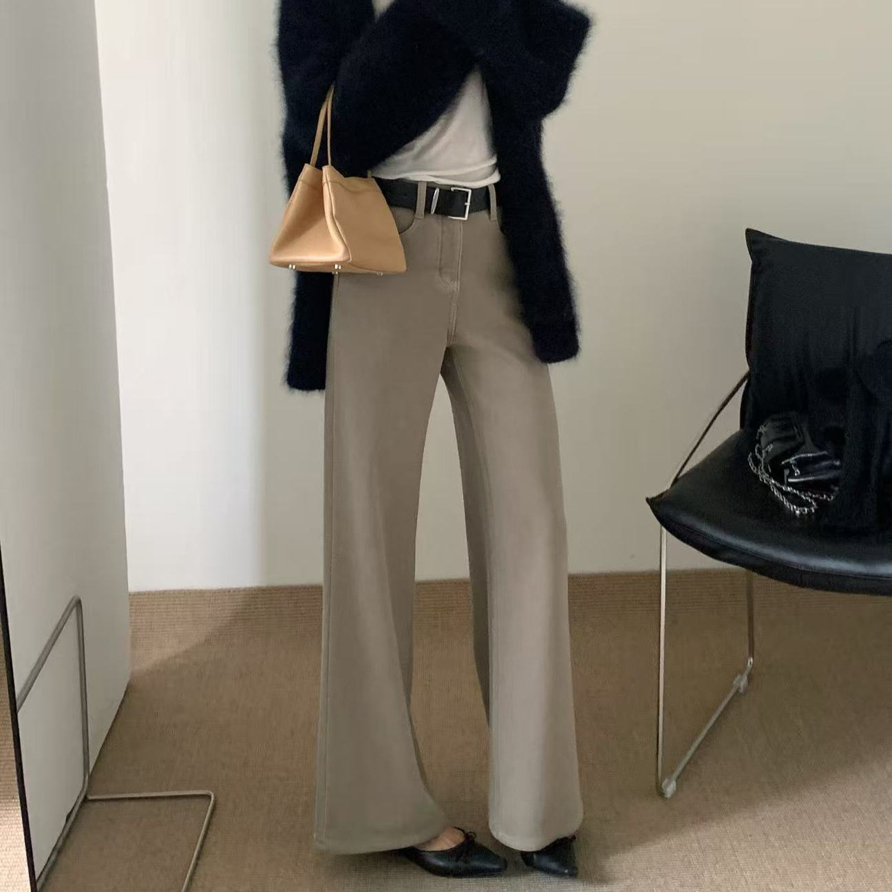 TOP欧制广州十三行超火奶茶色四面弹筒喇牛仔裤配腰带5758复合绒