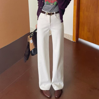 冬款TOP欧制广州十三行韩版四面阔腿裤牛仔裤配腰带3097米白复合