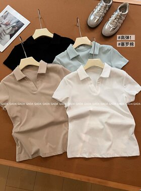 Chency家！高弹赛罗棉 A39正肩短袖t恤女夏季收腰显瘦Polo领上衣