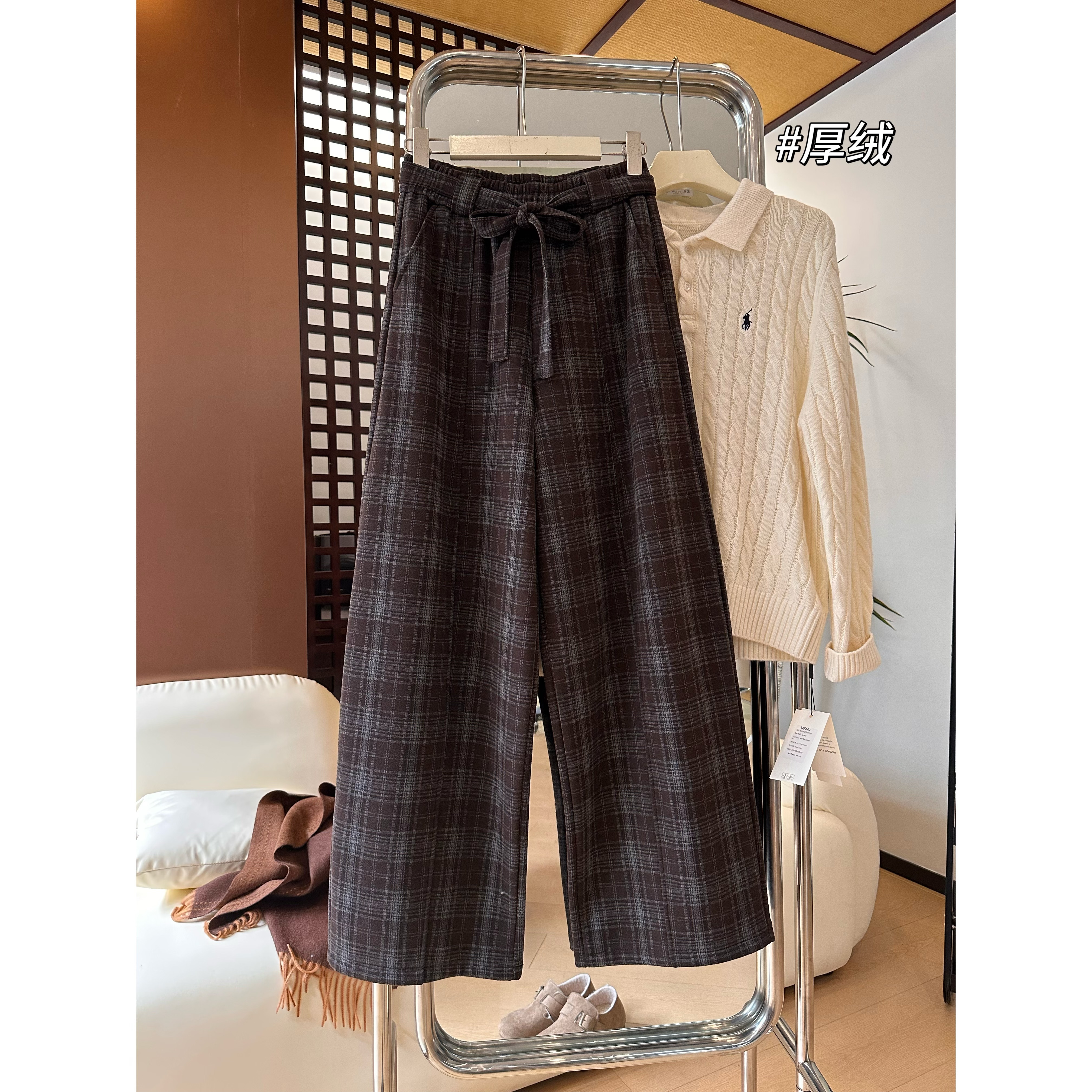 【一件过冬】J48格纹阔腿裤女冬季新款慵懒风宽松百搭保暖毛呢裤