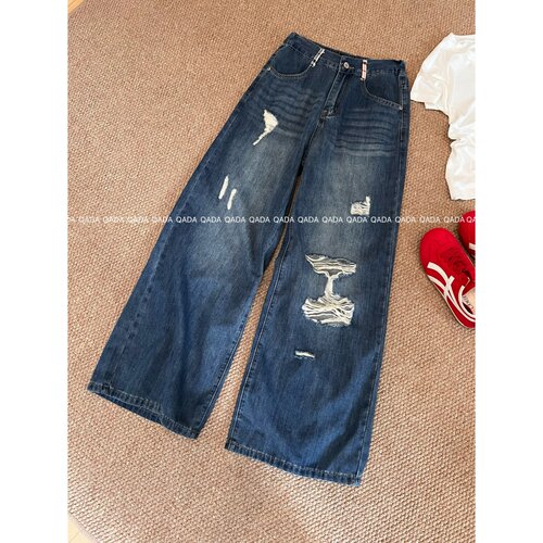 J36破洞牛仔裤女夏季款后松紧高腰阔腿裤时尚百搭宽松薄款直筒裤