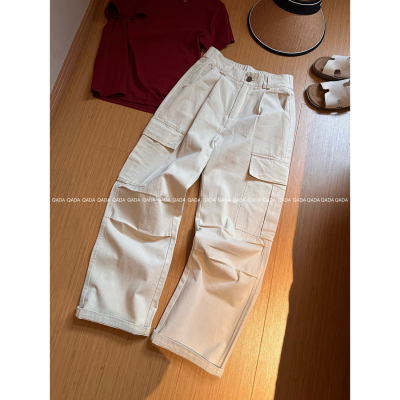 百棉J44松紧腰工装裤女夏季宽松显瘦阔腿裤多口袋米色休闲直筒裤