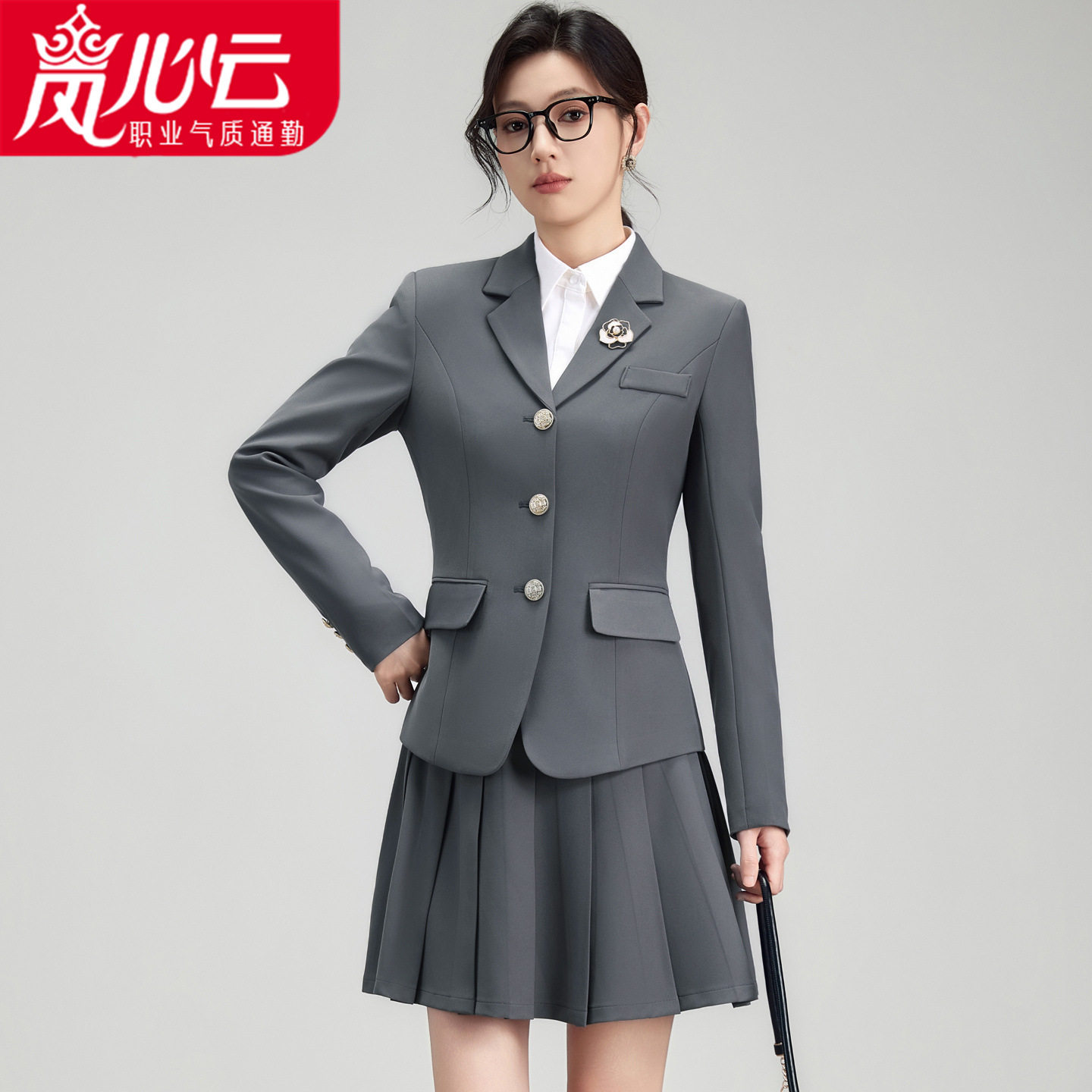 职业西服套装女2026新款气质教资正装百褶裙两件套工作服西装8129
