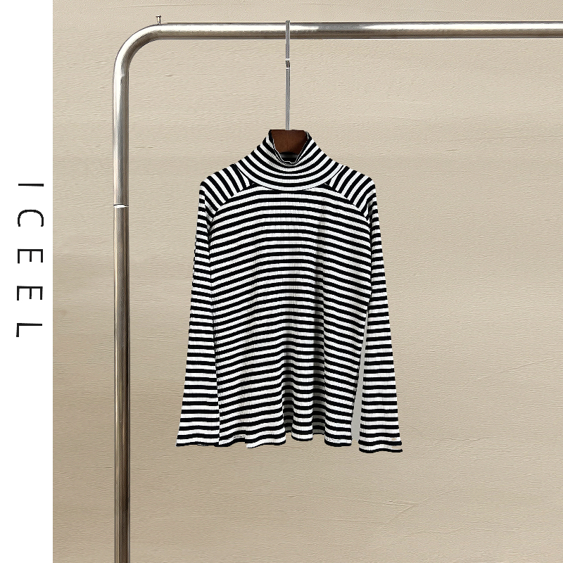 ICEEL轻奢小众高级感女装高领条纹针织衫女新款修身长袖T恤上衣