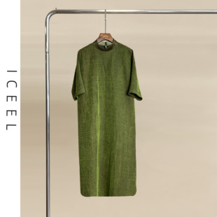 高档真丝桑蚕丝绿色短袖 新款 连衣裙香云纱气质长裙 夏季 ICEEL女装