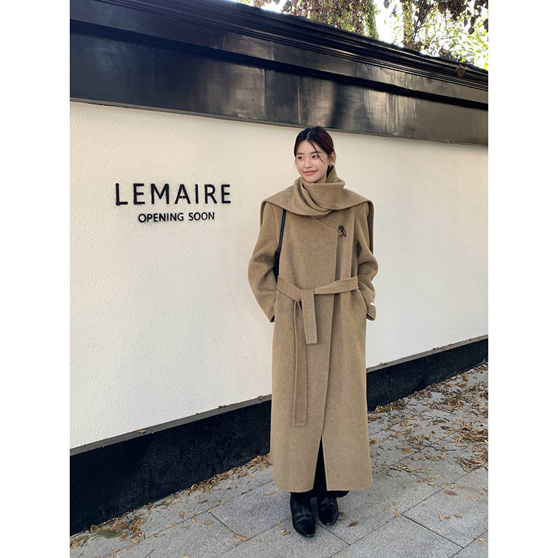 趋梦DT ETOLIE韩剧女主围巾领牛角扣双面羊毛大衣毛呢外套女长款