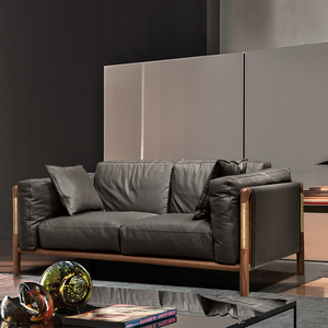 意式设计师轻奢沙发客厅实木极简沙发三人位北美黑胡桃木真皮沙发