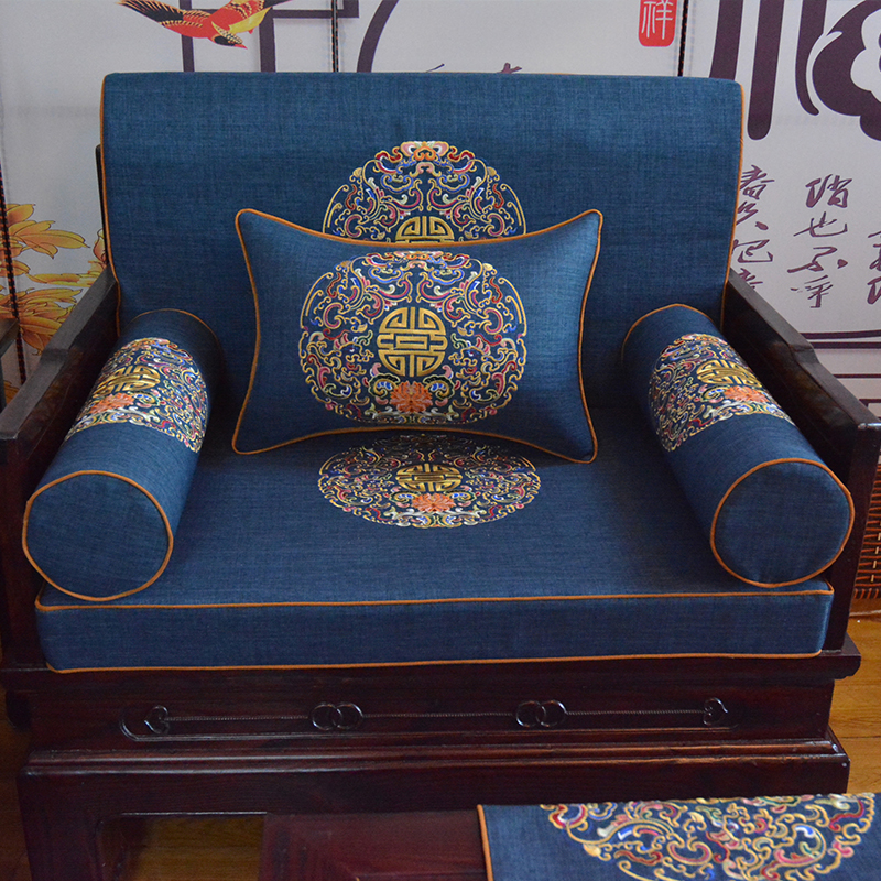 定做中式风红木棉麻刺绣罗汉床垫