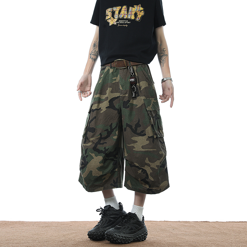 夏季美式短裤潮牌宽松休闲设计感弯刀七分裤A210A-9055-P55，男装牛仔裤，电商A210A