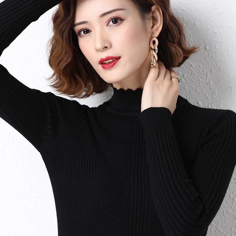 羊毛衫洋气黑色上衣半高领毛衣女秋冬装修身内搭打底衫女加厚保暖