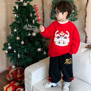 男童拜年服加绒卫衣套装 7儿童元 4岁女宝宝圣诞新年装 冬季 旦表演服