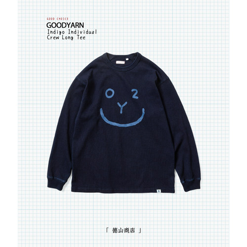 INDIGO重磅长袖TEE 纯棉绳染色落复古笑脸印花水洗长T GOODYARN