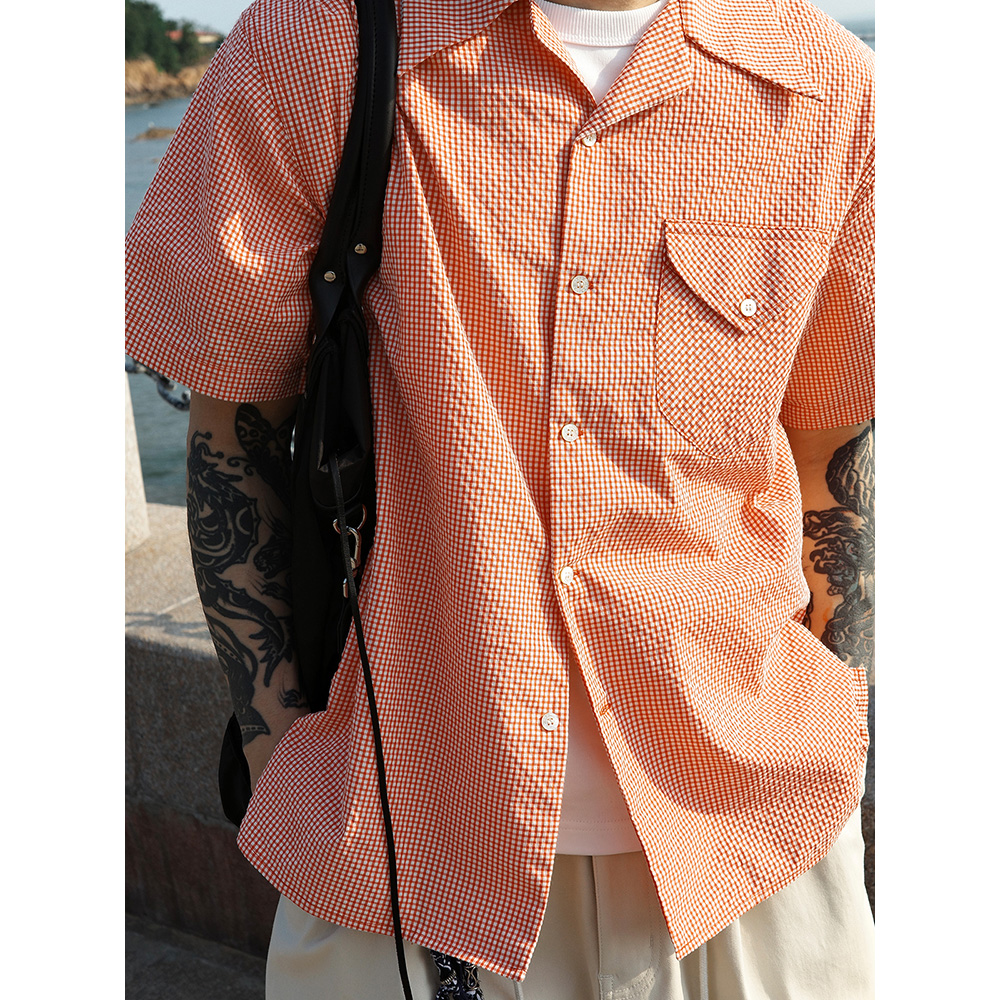 AKOM Online 25SS 定织泡泡纱红色格纹短袖翻领短袖衬衫