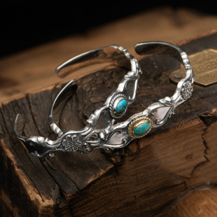 Blossom 松石透辉石 签名风格 点金18K 男女银手镯 古典银饰 Dear