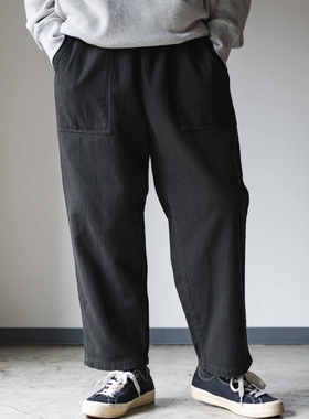 GOHEMP 可持续贝克裤 双层麻棉混纺 刺子绣设计 宽松弹性腰带长裤