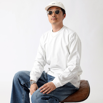 REMOCREVO秋季新款内搭外穿长袖T恤全棉汗布合身版破坏印花TEE