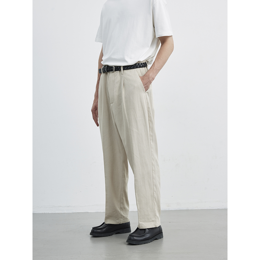 BURCS 夏季高级感直筒双褶亚麻长裤男凉感透气休闲裤