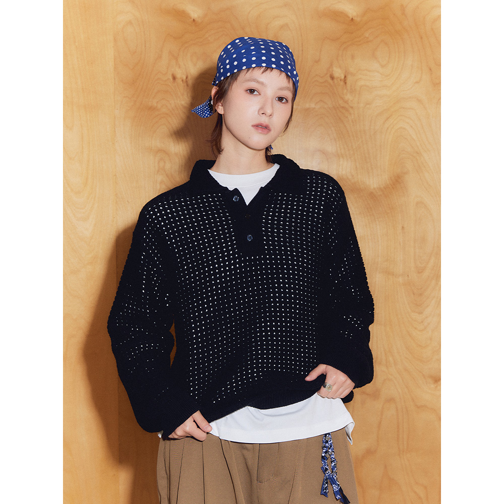 AKOM Online 镂空polo针织精梳棉纱线宽松长袖 AK25106